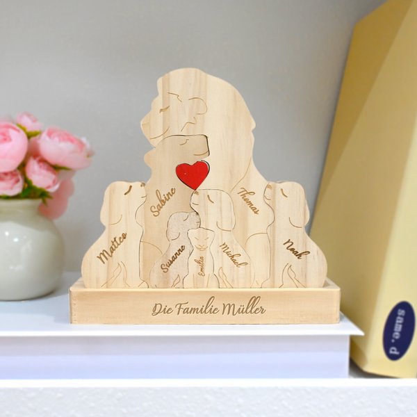 Personalisiertes Löwen-Familie Holzpuzzle mit 2-7 Namen Rotem Herz Schreibtisch Deko Muttertag Geburtstag Jahrestag Geschenk für Familie