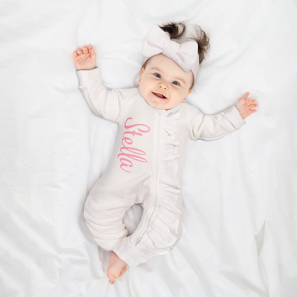 Personalized 100% Cotton Ruffle Waffle Name Baby Romper with Zipper Bow Headband Set Baby Shower Birthday Gift for Girl Newborns