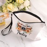 Personalised Watercolour Flowers Retro Camera Name Makeup Bag with Wristband Birthday Gift for Photography Enthusiast Photographer