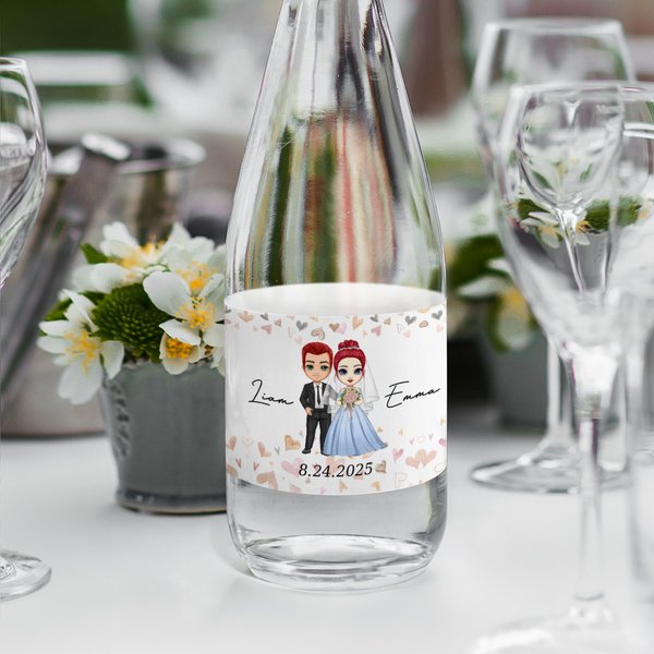 Gepersonaliseerde Cartoon Bruid en Bruidegom Waterfles Stickers met Naam en Trouwdatum Huwelijksverjaardag Decor voor Pasgetrouwden Paar
