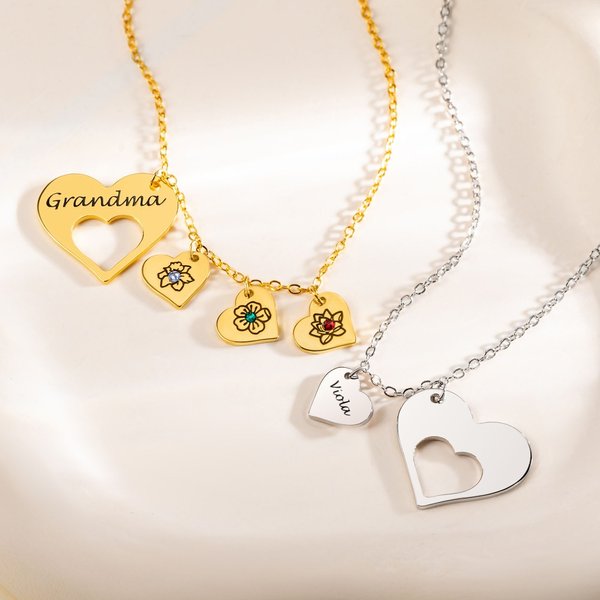 Collana personalizzata con cuore cavo con 1-8 nomi incisi Gioielli di famiglia Regalo di compleanno e anniversario per nonna e mamma