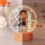 Personalized Cartoon Basketball Character Round LED Night Light with Name Number and Wooden Base Desk Decor Birthday Gift for Him