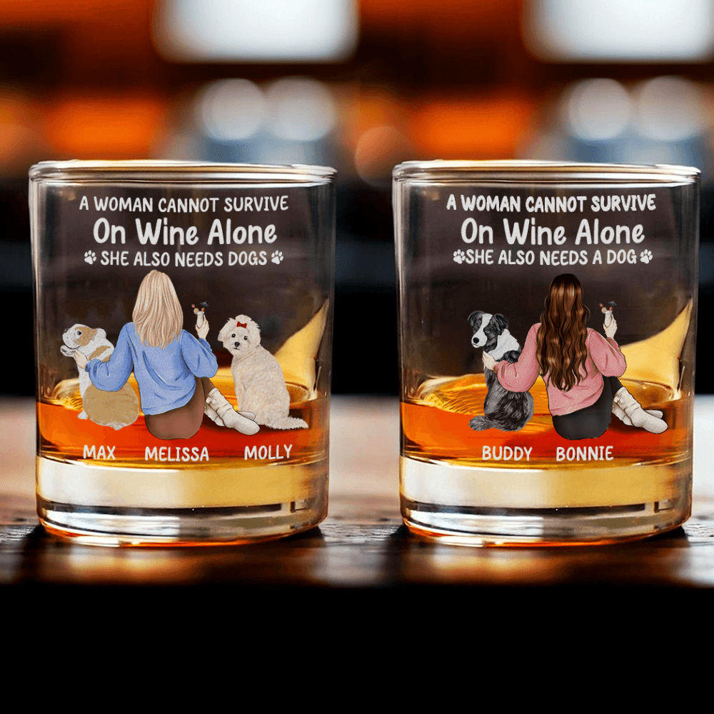 Personalized Woman and Dog Back View Clipart Whiskey Glass with Name & Multiple Dog Breed Options, Birthday/Christmas Gift for Dog Mom/Pet Lover