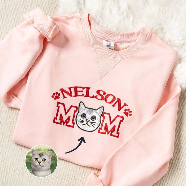 Personalized Embroidered Dog Cat Pet Portrait Photo T-shirt Sweatshirt Hoodie with Name Title Birthday Holiday Gift for Pet Owners Lovers
