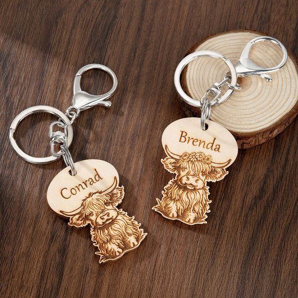 Gepersonaliseerde Leuke Hoogland Koe Houten Sleutelhanger met Naam Zakje Accessoires Verjaardagscadeau voor Highland Koe Liefhebbers