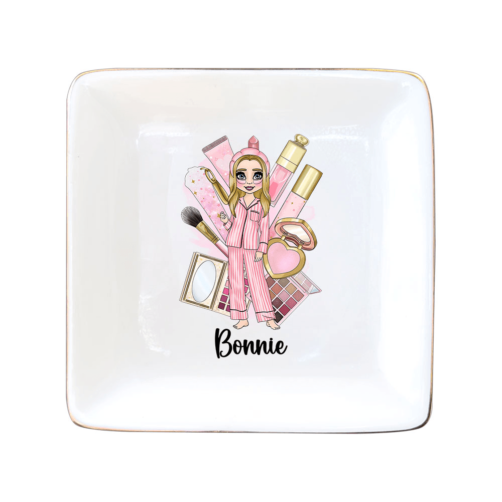 Personalized Pajama Party Girl Clipart Jewelry Dish, Custom Name Ceramic Trinket Tray, Room Decoration, Birthday Gift for Women/Girls/Her