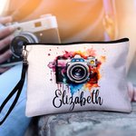 Personalised Watercolour Flowers Retro Camera Name Makeup Bag with Wristband Birthday Gift for Photography Enthusiast Photographer
