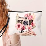 Personalised Watercolour Flowers Retro Camera Name Makeup Bag with Wristband Birthday Gift for Photography Enthusiast Photographer