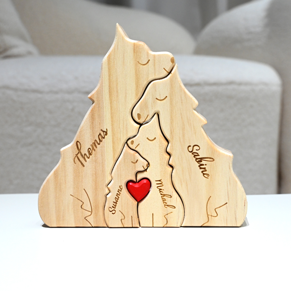 Personalisiertes Wölfe Familie Holzpuzzle mit 2-4 Namen und Rotem Herz Tischdeko Muttertag Geburtstag Jahrestag Geschenk für Familie