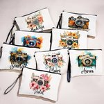 Personalised Watercolour Flowers Retro Camera Name Makeup Bag with Wristband Birthday Gift for Photography Enthusiast Photographer