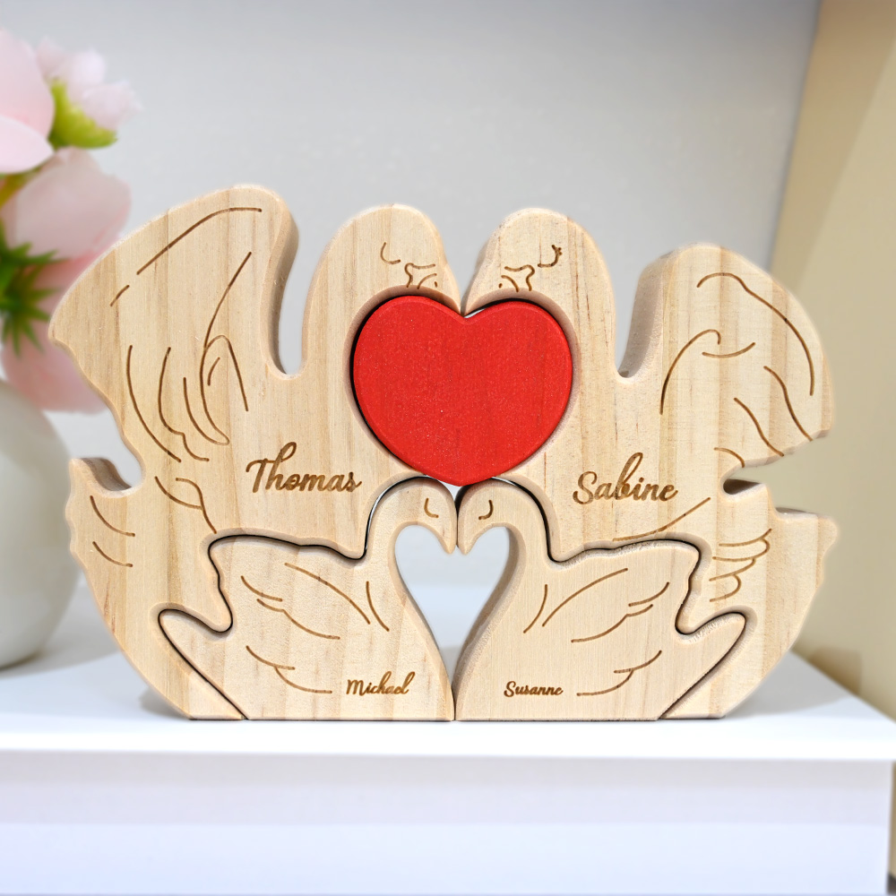 Personalisiertes Schwanen-Familie Holzpuzzle mit 2-5 Namen Rotem Herz Schreibtisch Deko Muttertag Geburtstag Jahrestag Geschenk für Familie