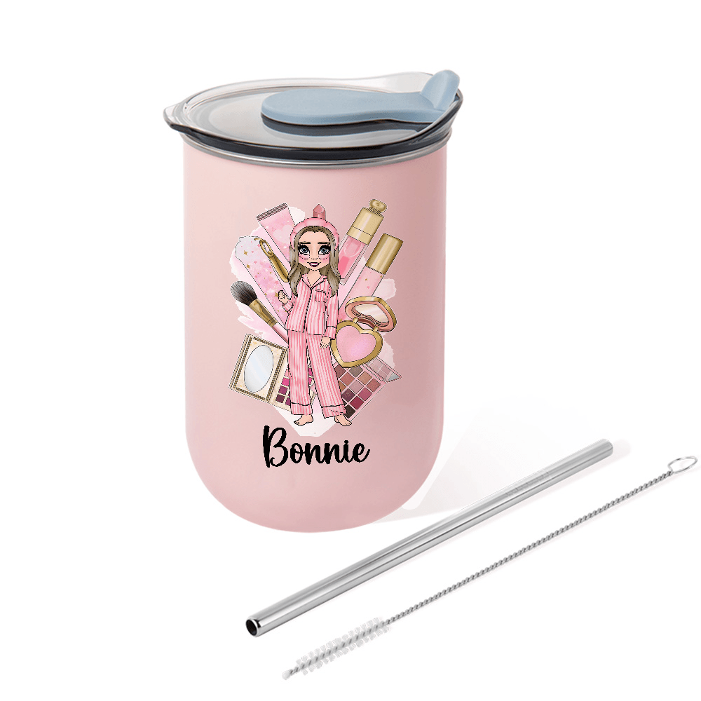 Personalized Pajama Party Girl Clipart Insulated Tumbler, Custom Name Travel Mug with Flip Lid and Straw, Birthday Gift for Women/Girls/Her