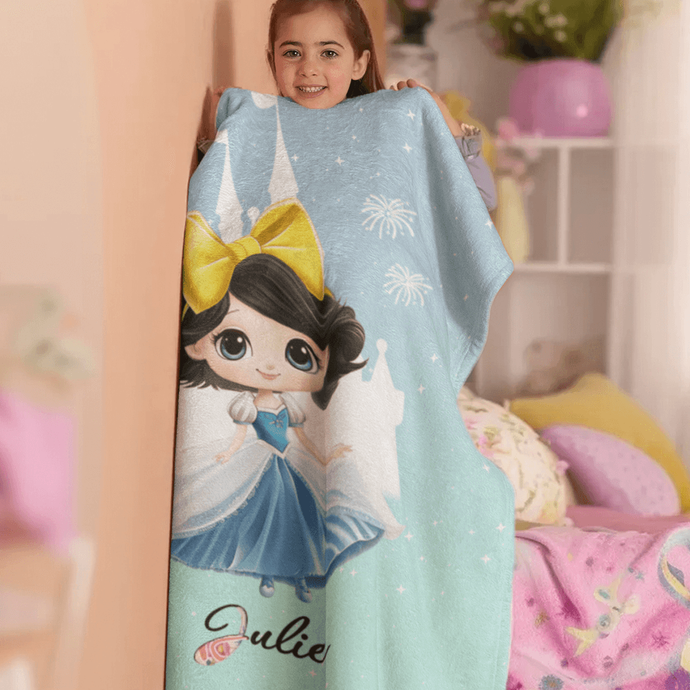 Personalized Cartoon Fairytale Princess Throw Blanket with Name, Soft Flannel Sherpa Blanket for Couch/Bedroom, Birthday Gift for Girls/Her