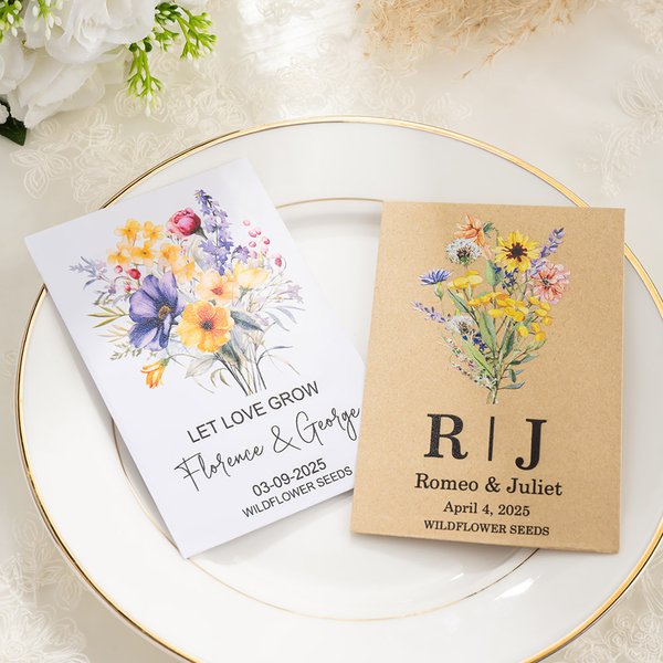 Henkilökohtainen Let Love Grow Vintage Kraft paperi Wildflower siemenpaketti nimi ja päivämäärä asetettu 20 häät suosii Bridal Shower lahja vieraille
