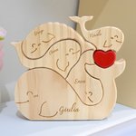 Puzzle in legno personalizzato tema balena che si abbracciano con cuore rosso e 2-5 nomi decor da scrivania regalo di festa della mamma per famiglia
