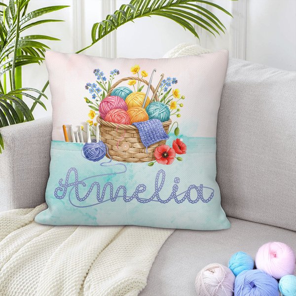 Gepersonaliseerde bloemen gehaakte mand garen zacht kussenhoes met naam en zakken Home Decor Verjaardag Housewarming Gift voor breiliefhebbers