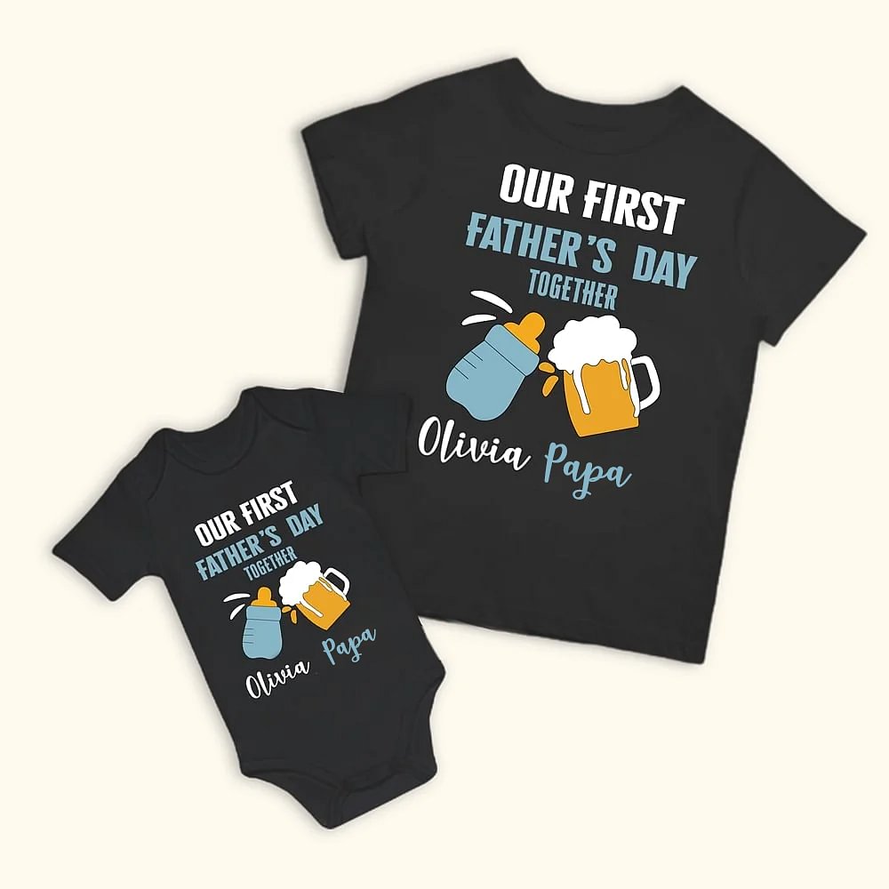Personalisiertes Babyflasche Weinglas Design Babybody und T-Shirt Set aus 100% Baumwolle mit Namen Vatertag Geschenk für Baby Papa