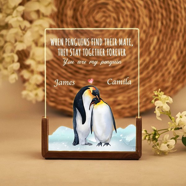 Gepersonaliseerd Als pinguïns hun partner vinden blijven ze bij elkaar Acryl nachtlampje met namen en houten basis Huwelijksverjaardag cadeau voor echtpaar