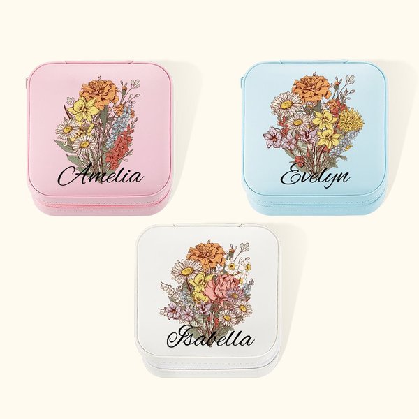 Personlig födelseblomma bukett bärbar läder smyckeskrin med namn reseförnödenheter Mors dag födelsedagspresent till mamma mormor