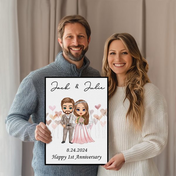 Henkilökohtainen sarjakuva Morsian ja sulhanen Kehyksetön musta kehystetty maalaus nimi ja häät päivämäärä Home Decor vuosipäivä lahja pariskunnalle Newlyweds