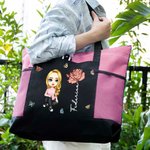 Borsa tote personalizzata in oxford con nome, fiore di nascita e personaggio animato - Regalo per compleanno e occasioni speciali per donne