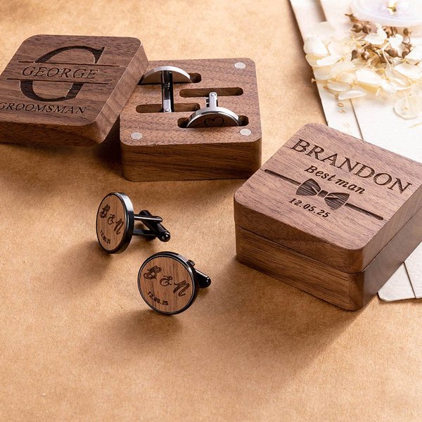 Set di 2 gemelli da polso con iniziali del nome incise, data e scatola di legno Accessori per l'abbigliamento Regalo per l'anniversario di matrimonio per gli uomini.
