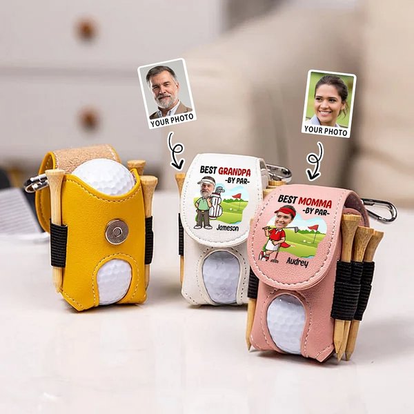 Personalised Multicolour Cartoon Golf Character Photo Leather Golf Ball Bag Tee Holder with Name Father's Day Birthday Gift for Golf Lover
