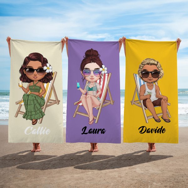 Telo mare personalizzato con personaggio in stile cartone animato e nome essenziale per estate al mare regalo per famiglia