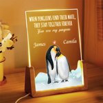 Gepersonaliseerd Als pinguïns hun partner vinden blijven ze bij elkaar Acryl nachtlampje met namen en houten basis Huwelijksverjaardag cadeau voor echtpaar