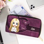 Cartera larga personalizada de cuero PU con 1 a 8 nombres y compartimentos con personaje de dibujos animados regalo para mujeres en Día de la Madre