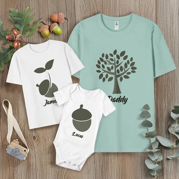 Personalizzato Albero di quercia Ghianda 100% cotone T-shirt Baby Bodysuit con nome Festa del papà Regalo di compleanno per la famiglia amico