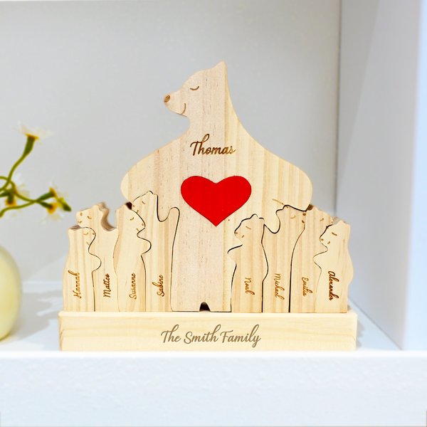 Personalised Cute Love Hug Bear Family Wooden Puzzle with Base and 2-9 Names Desk Decoration Birthday Anniversary Gift for Family