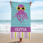 Personalized Cute Sea Creatures Sunglasses Stripe Quick Dry Oversized Beach Towel with Name Travel Essential Vacation Birthday Gift for Girls Boys