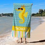 Personalized Cute Sea Creatures Sunglasses Stripe Quick Dry Oversized Beach Towel with Name Travel Essential Vacation Birthday Gift for Girls Boys