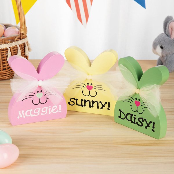 Personalised Multicolour Cute Fairy Yarn Bow Wooden Bunny Ornament with Name Table Decor Spring Symbol Easter Party Gift for Kids