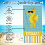 Personalized Cute Sea Creatures Sunglasses Stripe Quick Dry Oversized Beach Towel with Name Travel Essential Vacation Birthday Gift for Girls Boys