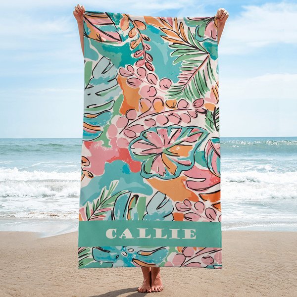Personalised Tropical Vibe Watercolour Floral Quick Dry Oversized Beach Towel with Name Summer Holiday Pool Party Gift for Women Swimming Lovers