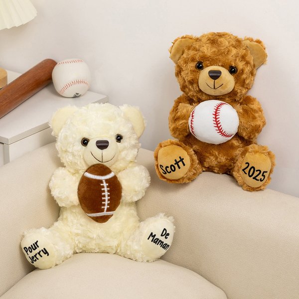 Ourson Mignon en Peluche Personnalisé avec Ballon de Sport et Texte Cadeau Saint-Valentin Anniversaire pour Amateurs de Sport