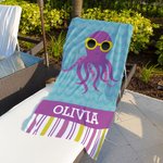 Personalized Cute Sea Creatures Sunglasses Stripe Quick Dry Oversized Beach Towel with Name Travel Essential Vacation Birthday Gift for Girls Boys