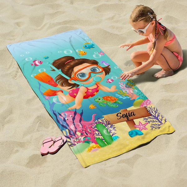 Toalla de playa infantil personalizada con nombre diseño de marina coral y buceo suave de secado rápido esencial para la playa regalo para niños