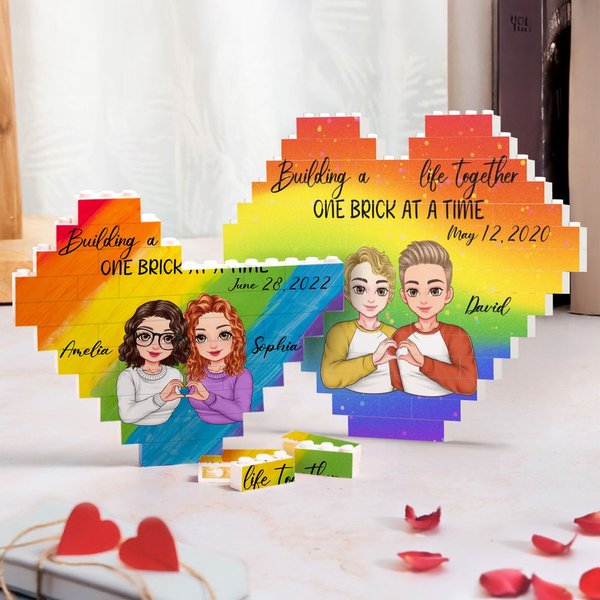 Personalised Building A Life Together Cartoon Character Heart Building Brick Puzzles with Name Date Pride Month Valentine's Day Gift for LGBT Couple