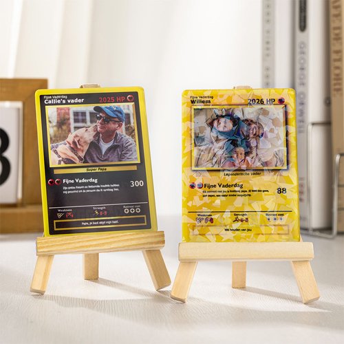 Gepersonaliseerde foto klassieke TCG pokékaart met tekst en houten standaard Vaderdag valentijnsdag verjaardagscadeau voor koppels en vrienden