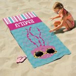 Personalized Cute Sea Creatures Sunglasses Stripe Quick Dry Oversized Beach Towel with Name Travel Essential Vacation Birthday Gift for Girls Boys
