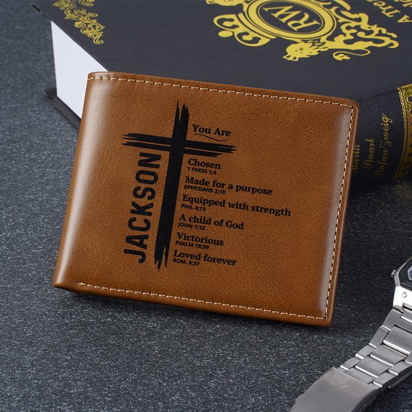 Personalisierte Sie sind auserwählt Kreuz Männer faltbare PU-Leder Brieftasche mit Namen Vatertag Taufe Geburtstag Geschenk für Christen Männer