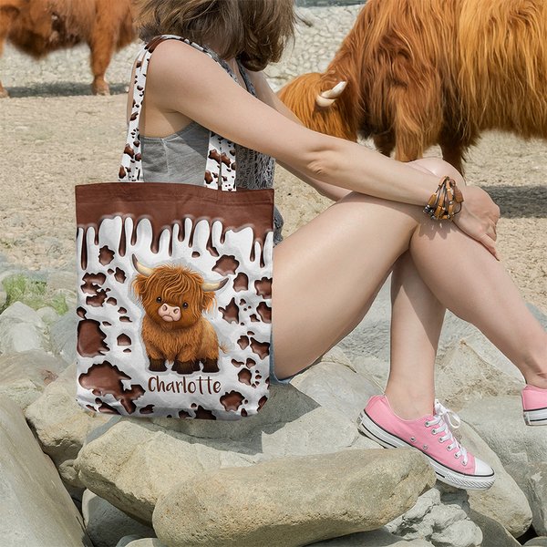 Personalised Highland Cow Large Tote Bag with Name and Long Handle Travel Graduation Birthday Gift for Highland Cow Lovers