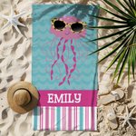 Personalized Cute Sea Creatures Sunglasses Stripe Quick Dry Oversized Beach Towel with Name Travel Essential Vacation Birthday Gift for Girls Boys