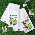 Personalized Funny Cartoon Golf Player Face Photo Absorbent Waffle Sport Towel with Name Title Hanging Clip Workout Birthday Gift for Golf Lover