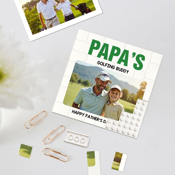 Personligt familjefoto design byggklossar pussel med titel och texter heminredning fars dag present till pappa farfar