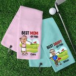 Personalized Funny Cartoon Golf Player Face Photo Absorbent Waffle Sport Towel with Name Title Hanging Clip Workout Birthday Gift for Golf Lover