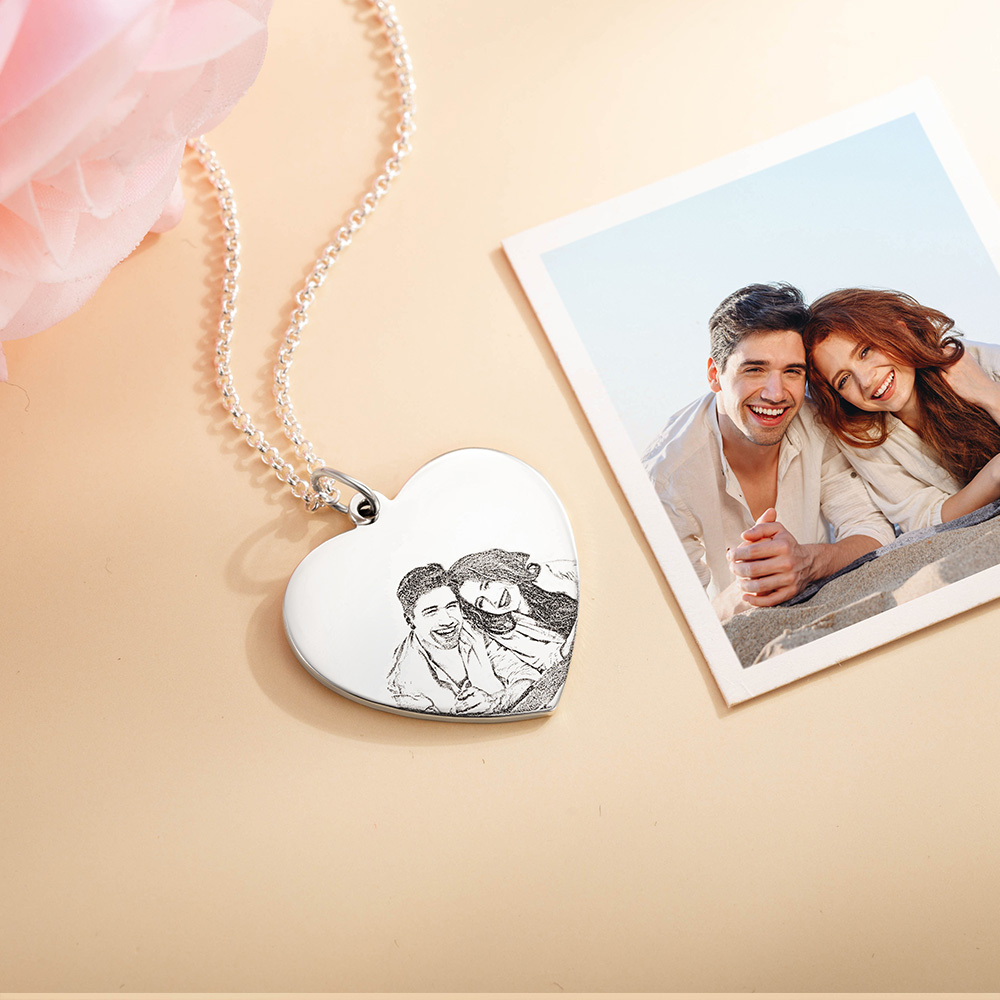 Couple Necklace Personalised Engraved Heart Photo with Text Birthday Anniversary Gift for Lover